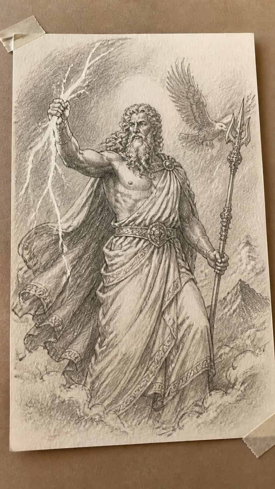 Hand-drawn mythical gods in graphite drawing on textured paper, shown in a slightly off-center overhead composition, like an artist — study 3