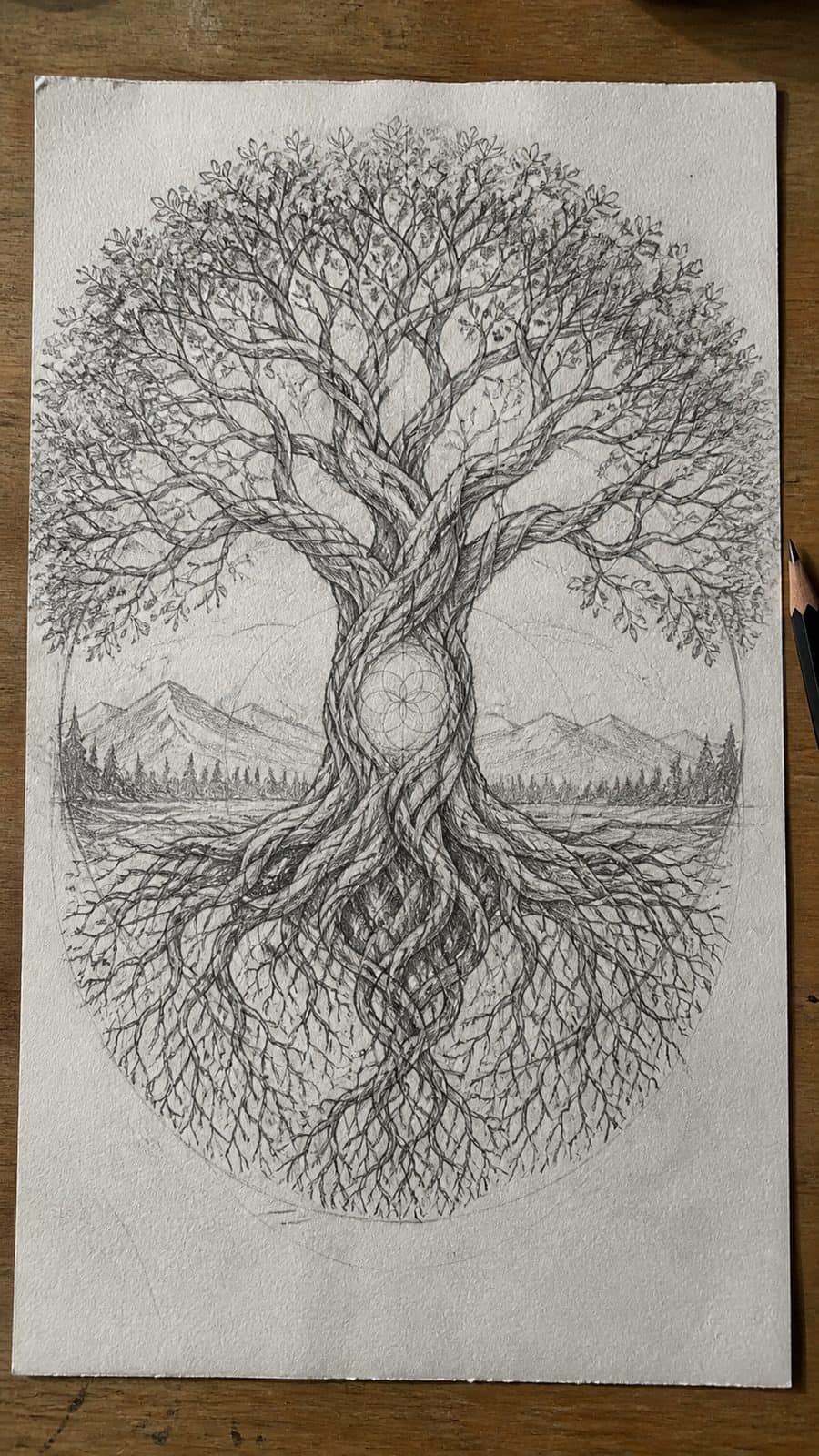 Hand-drawn the tree of life in graphite drawing on textured paper, shown in a straight overhead view — study 2