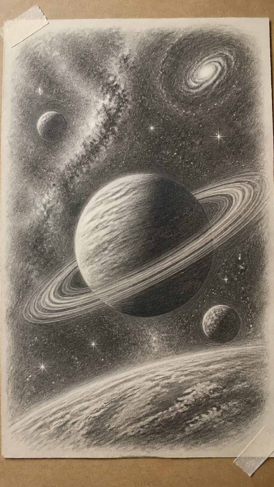Hand-drawn celestial bodies in graphite drawing on textured paper, shown in a close overhead crop — study 1