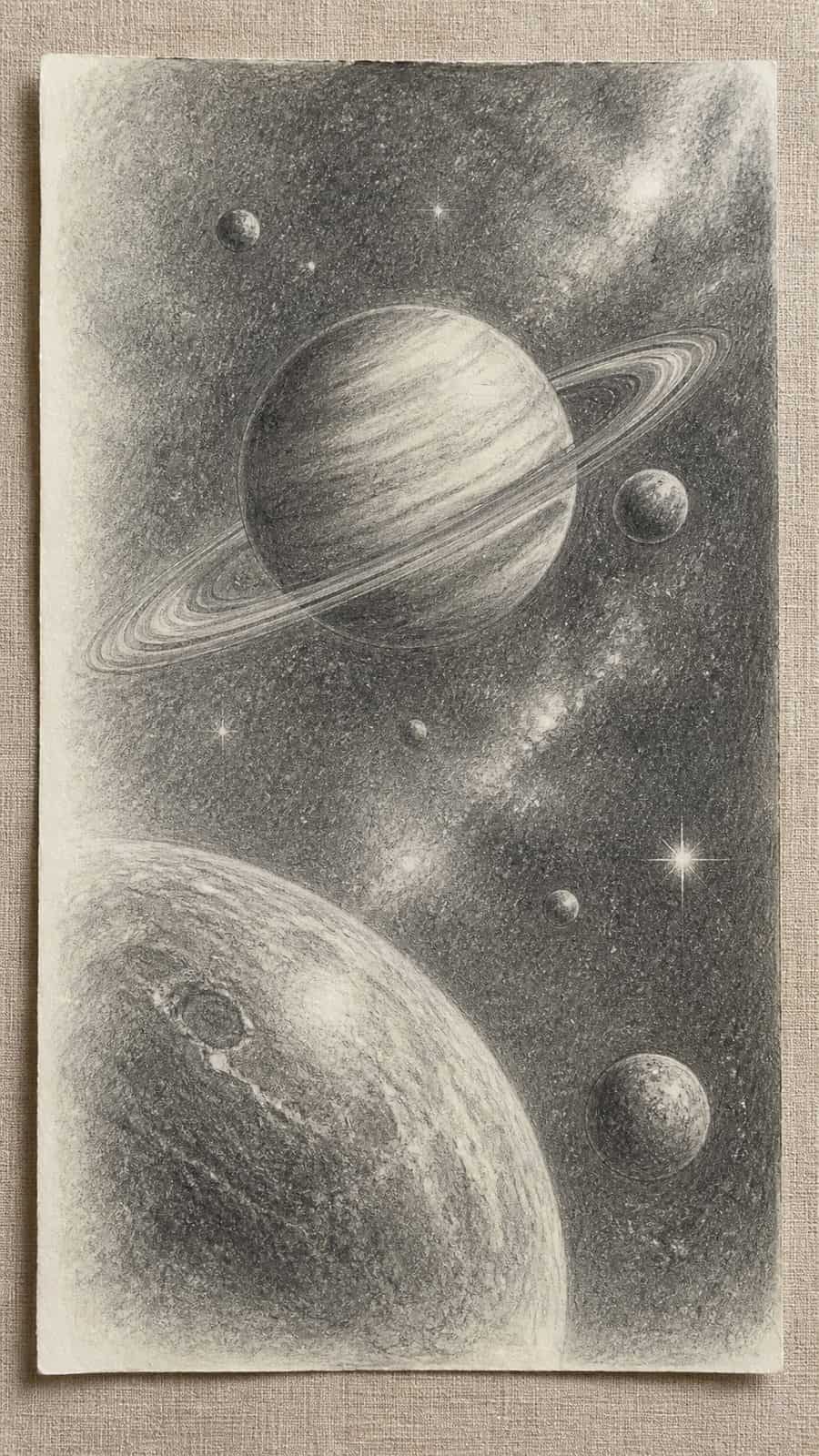 Hand-drawn celestial bodies in graphite drawing on textured paper, shown in a straight overhead view — study 3