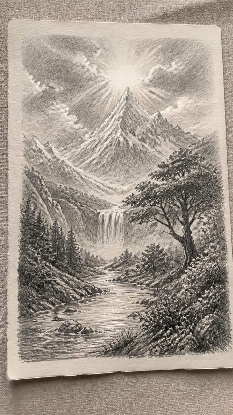 Hand-drawn divine nature in graphite drawing on textured paper, shown in a slightly off-center overhead composition, like an artist — study 1