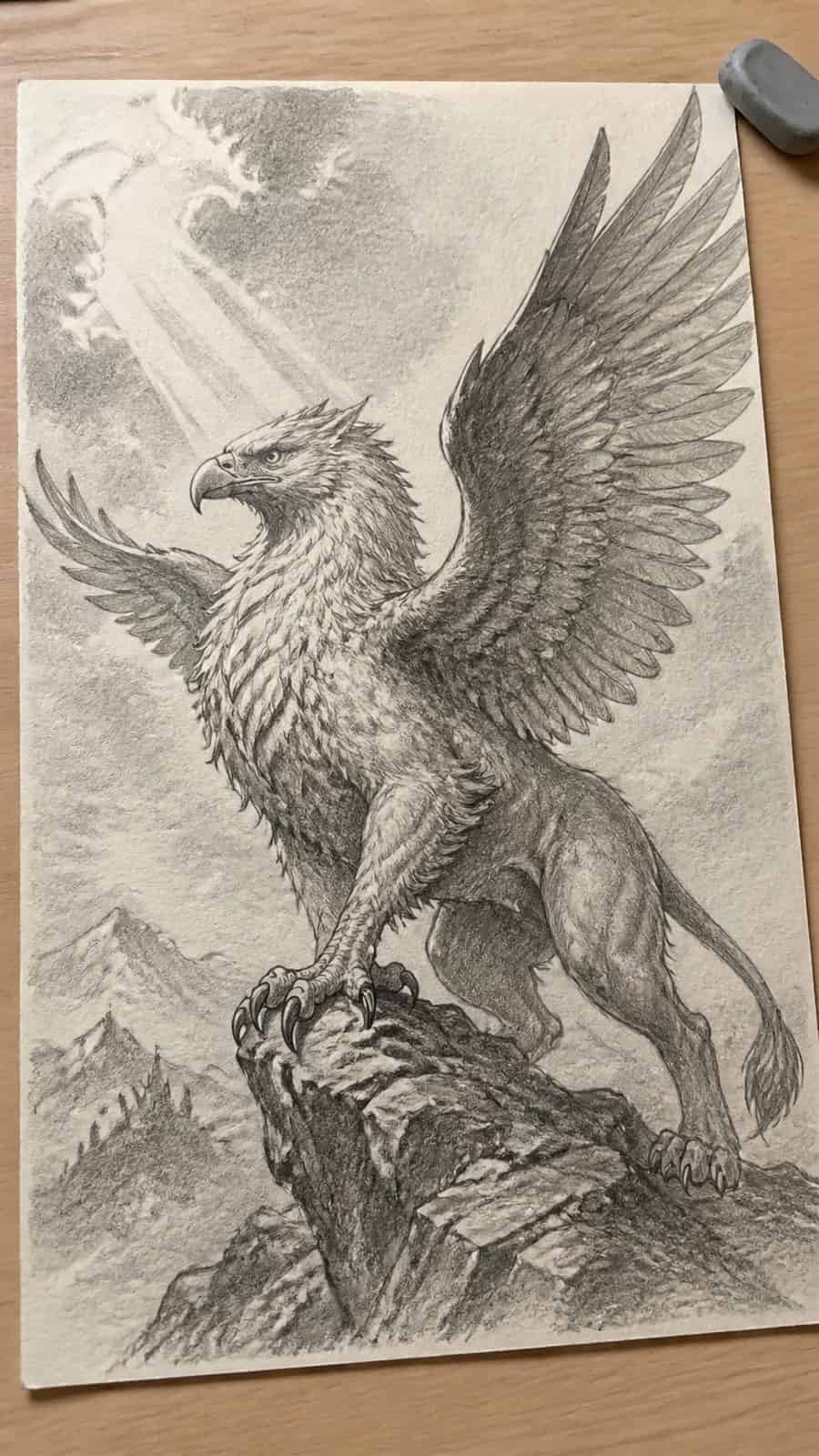 Hand-drawn heavenly beasts in graphite drawing on textured paper, shown in a gentle oblique desk view that shows paper tooth and — study 2