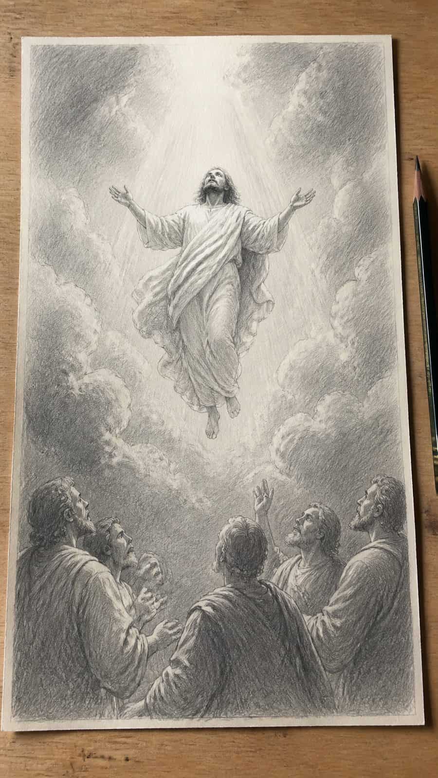 Hand-drawn the ascension in graphite drawing on textured paper, shown in a straight overhead view — study 1