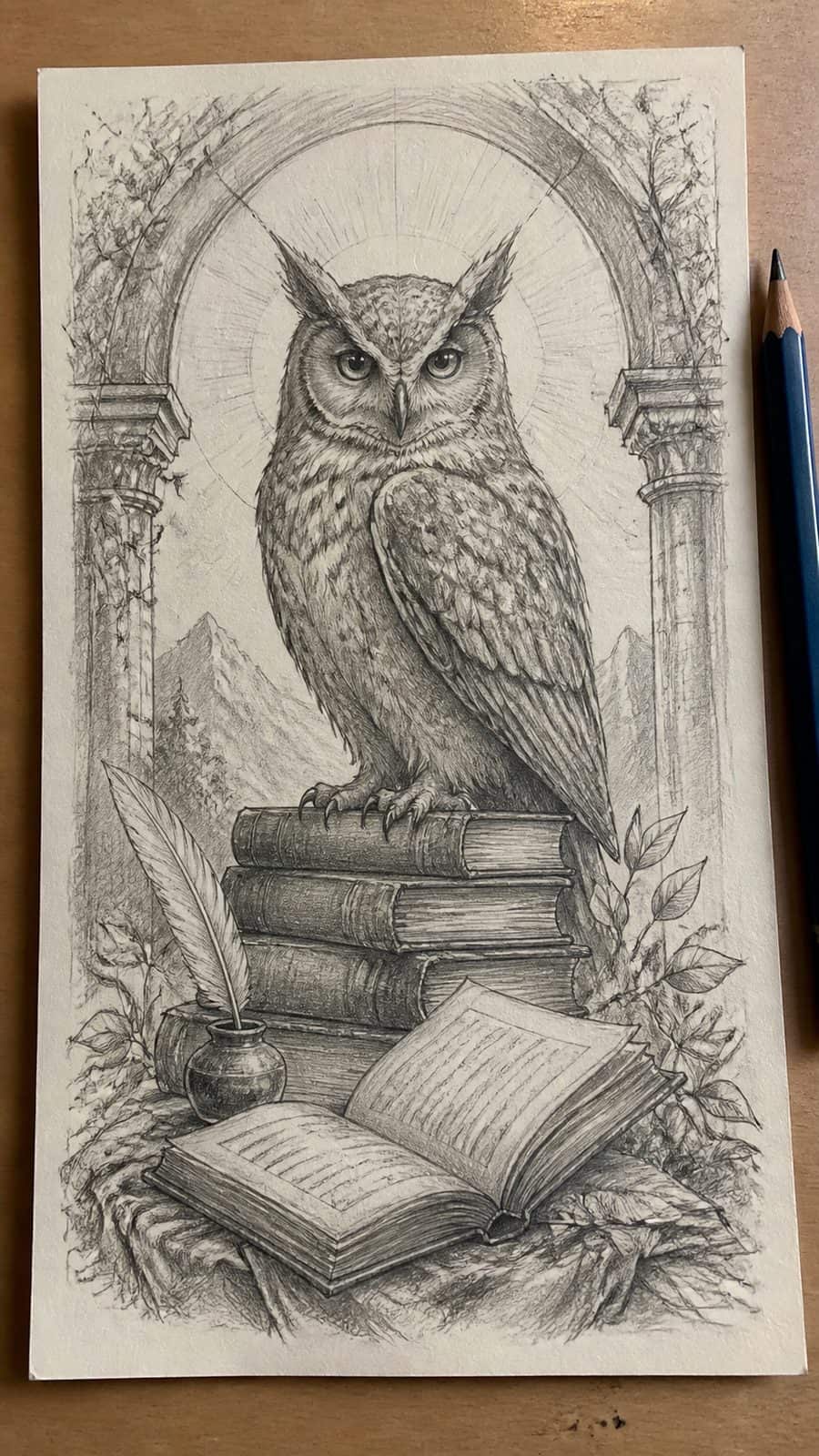 Hand-drawn eternal wisdom in graphite drawing on textured paper, shown in a straight overhead view — study 2