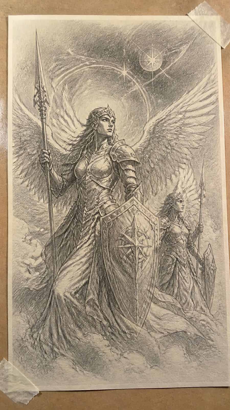 Hand-drawn celestial guardians in graphite drawing on textured paper, shown in a close overhead crop — study 2