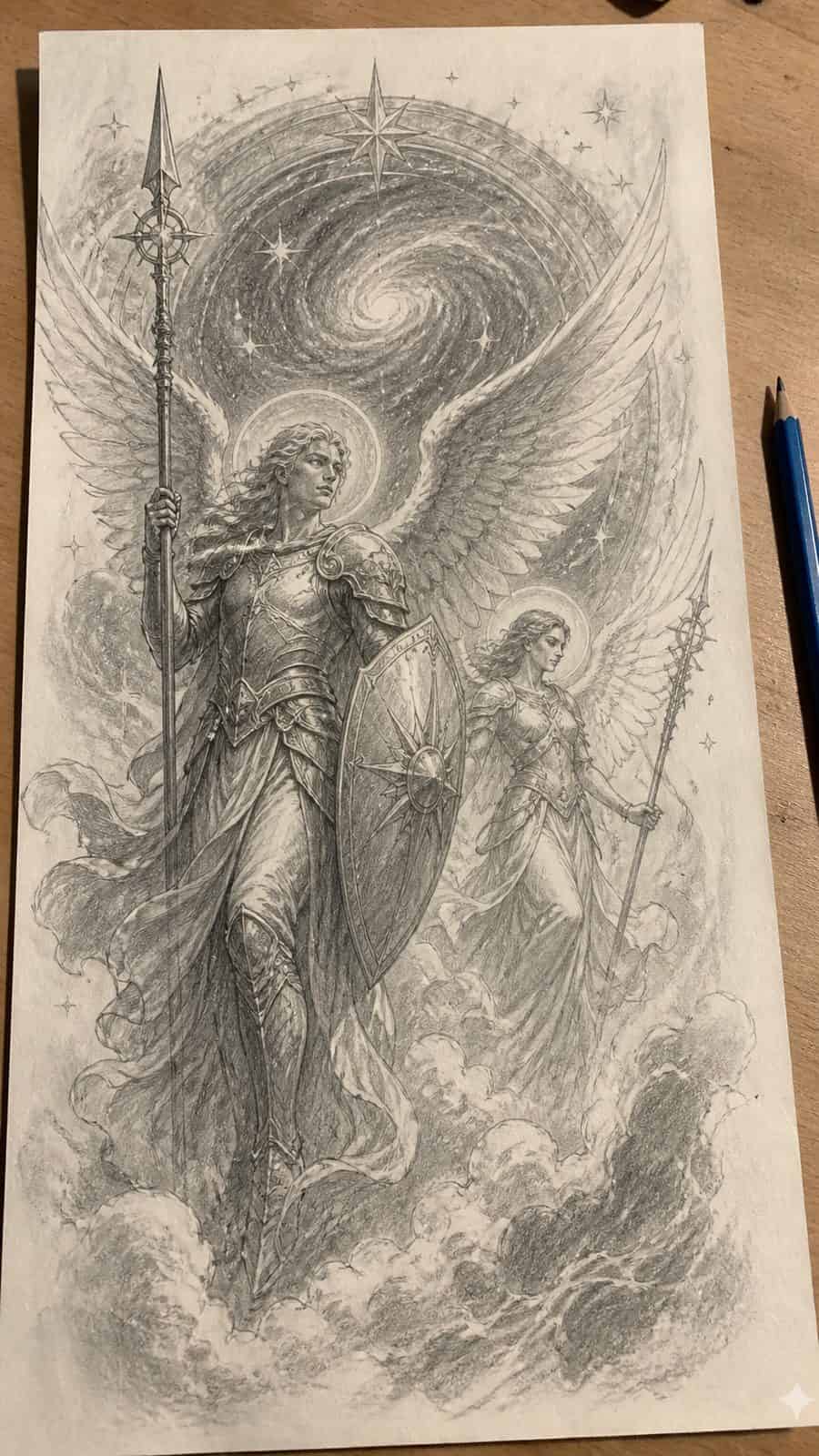 Hand-drawn celestial guardians in graphite drawing on textured paper, shown in a slightly off-center overhead composition, like an — study 3