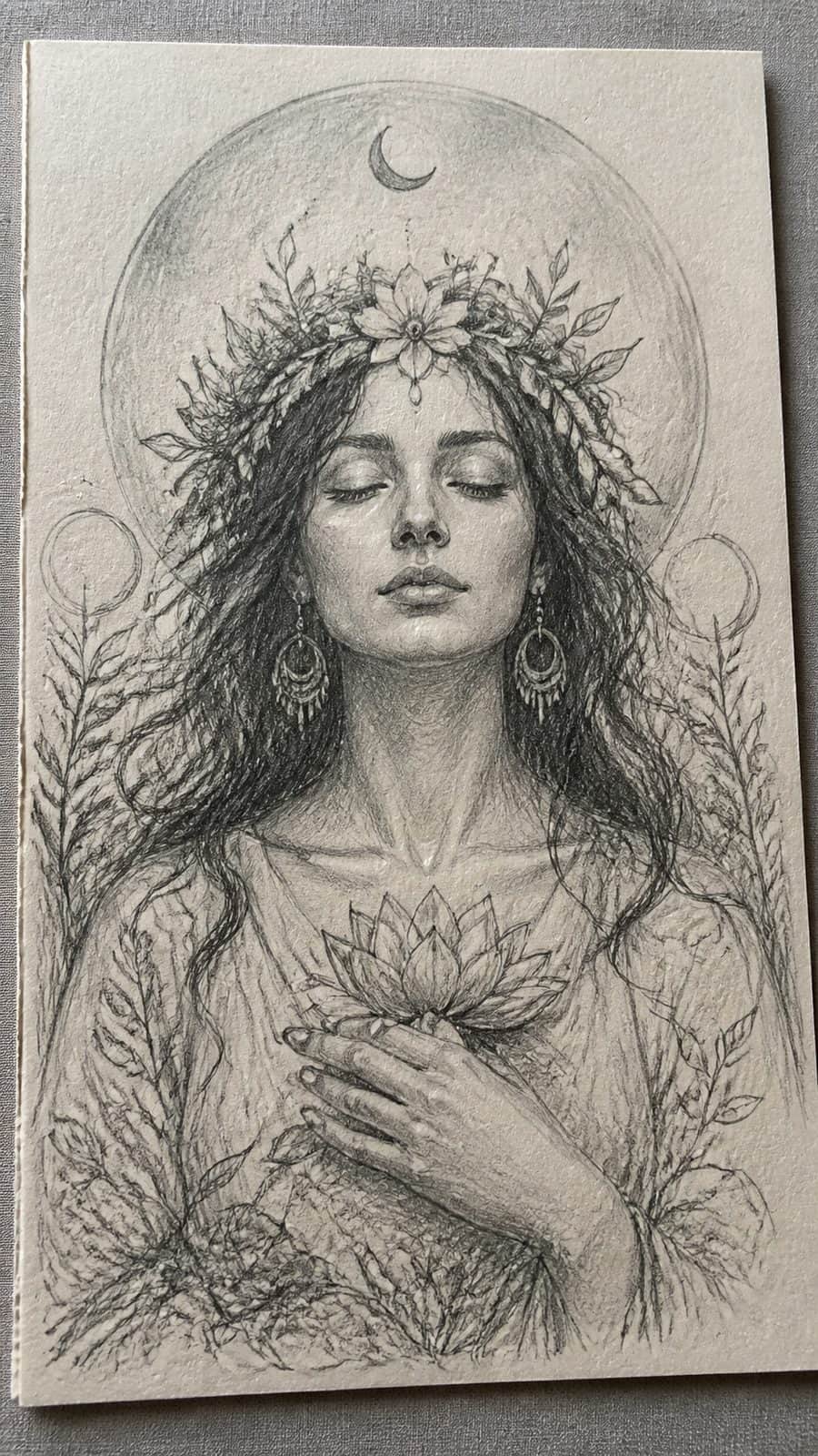 Hand-drawn the divine feminine in graphite drawing on textured paper, shown in a close overhead crop — study 1