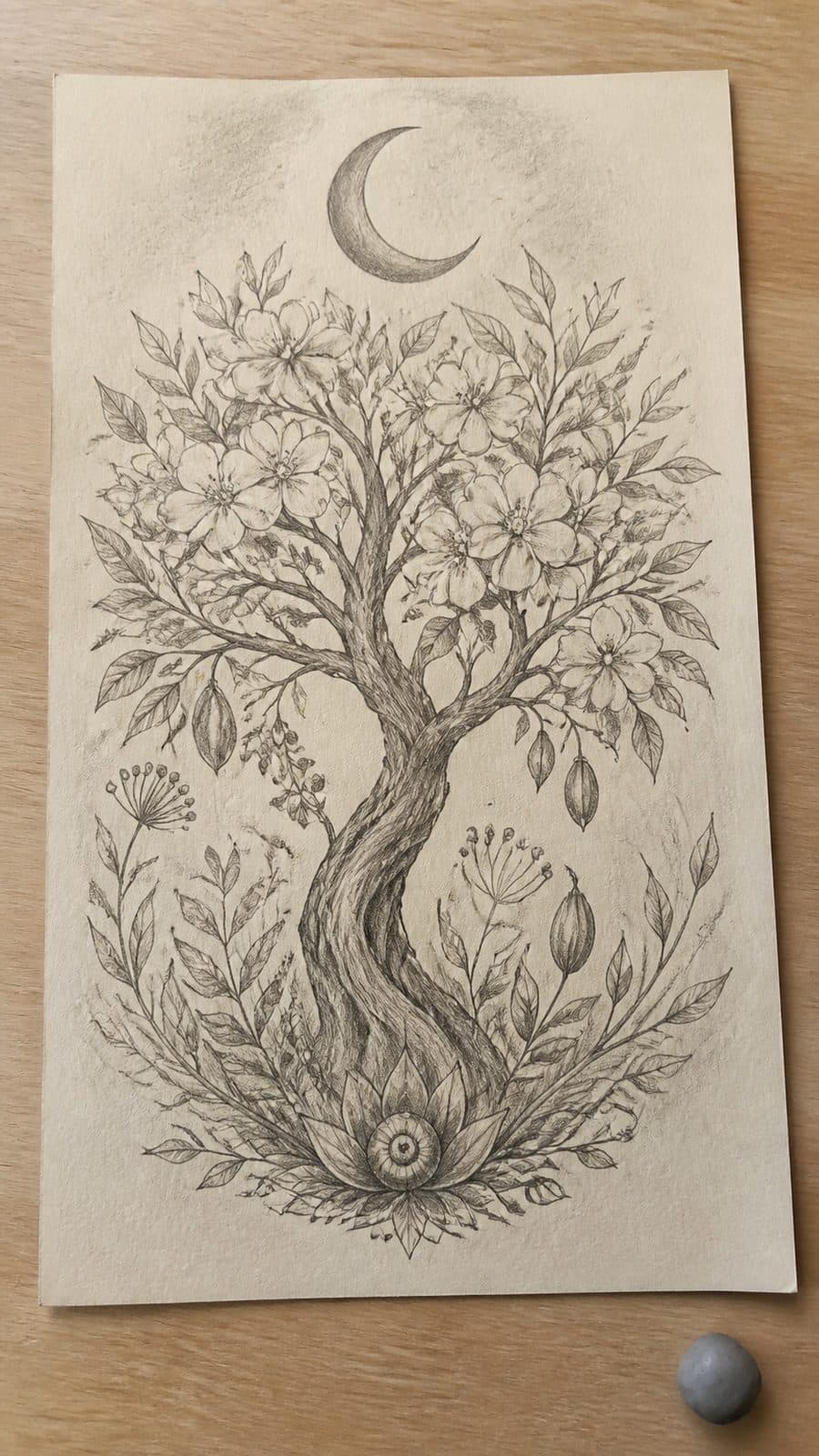 Hand-drawn the divine feminine in graphite drawing on textured paper, shown in a slightly off-center overhead composition, like an — study 2
