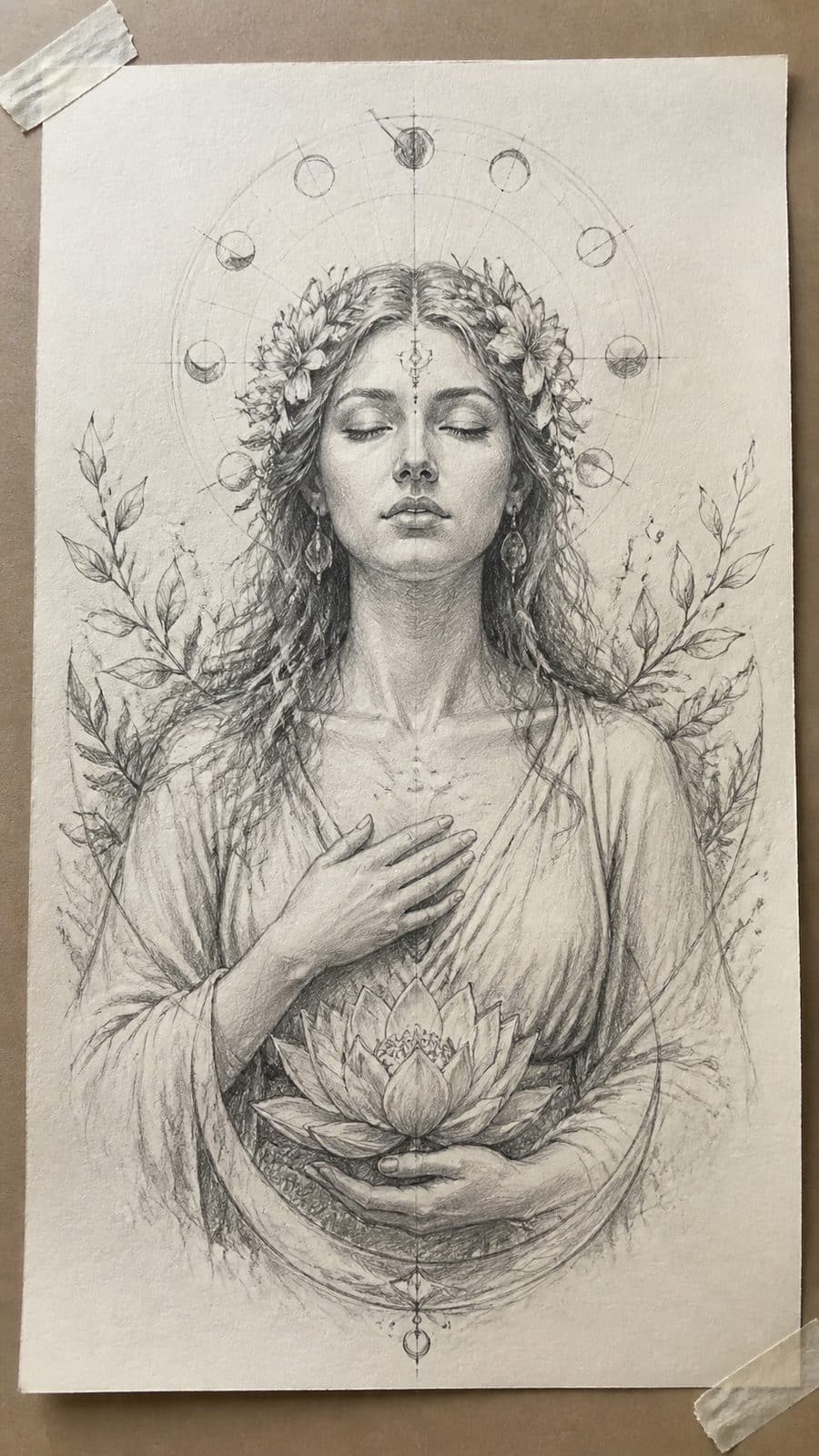 Hand-drawn the divine feminine in graphite drawing on textured paper, shown in a straight overhead view — study 3