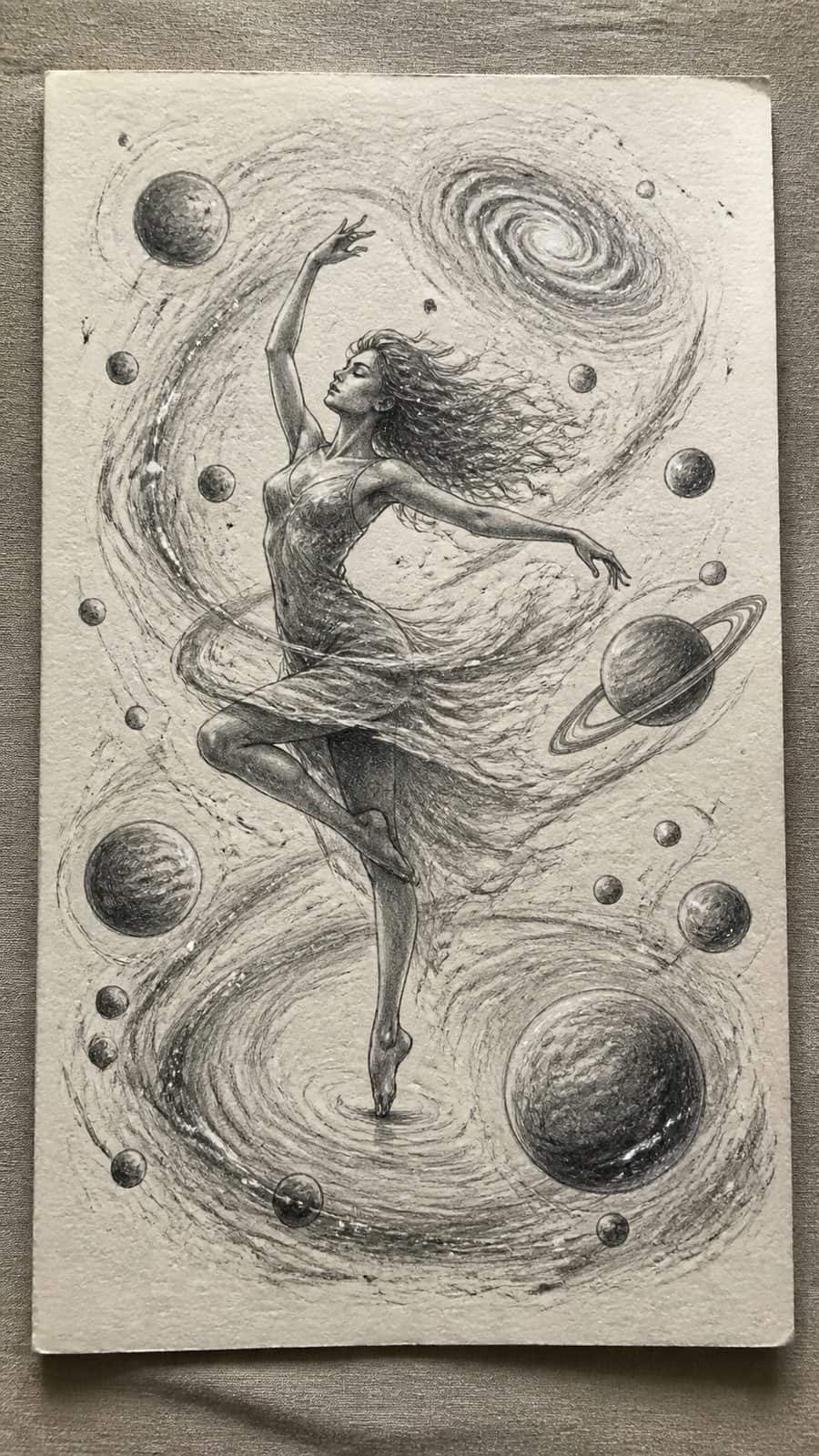 Hand-drawn the cosmic dance in graphite drawing on textured paper, shown in a slightly off-center overhead composition, like an artist — study 2