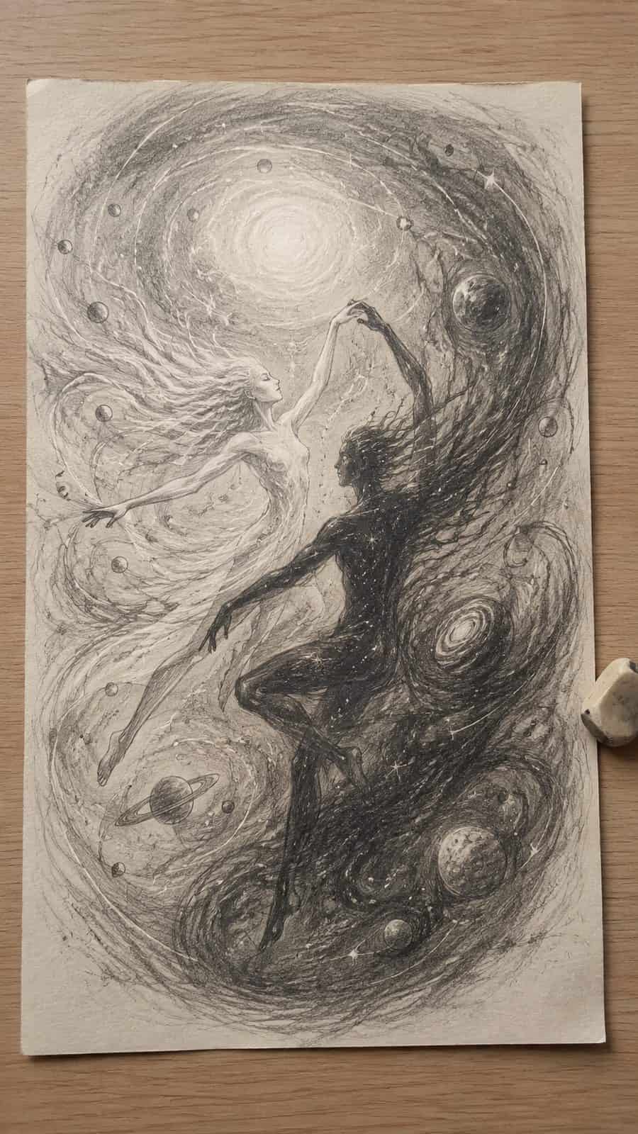 Hand-drawn the cosmic dance in graphite drawing on textured paper, shown in a straight overhead view — study 3