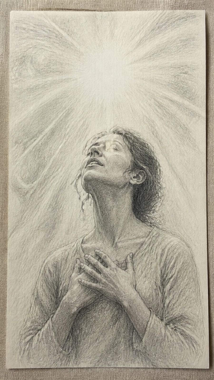 Hand-drawn spiritual awakening in graphite drawing on textured paper, shown in a slightly off-center overhead composition, like an — study 1