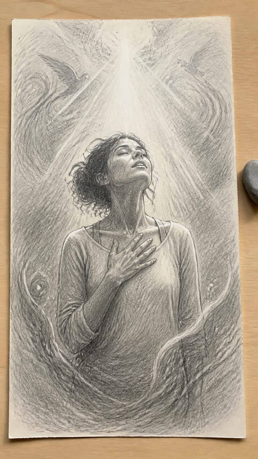 Hand-drawn spiritual awakening in graphite drawing on textured paper, shown in a straight overhead view — study 2