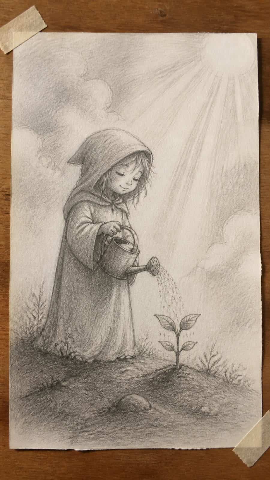 Hand-drawn the divine child in graphite drawing on textured paper, shown in a straight overhead view — study 2