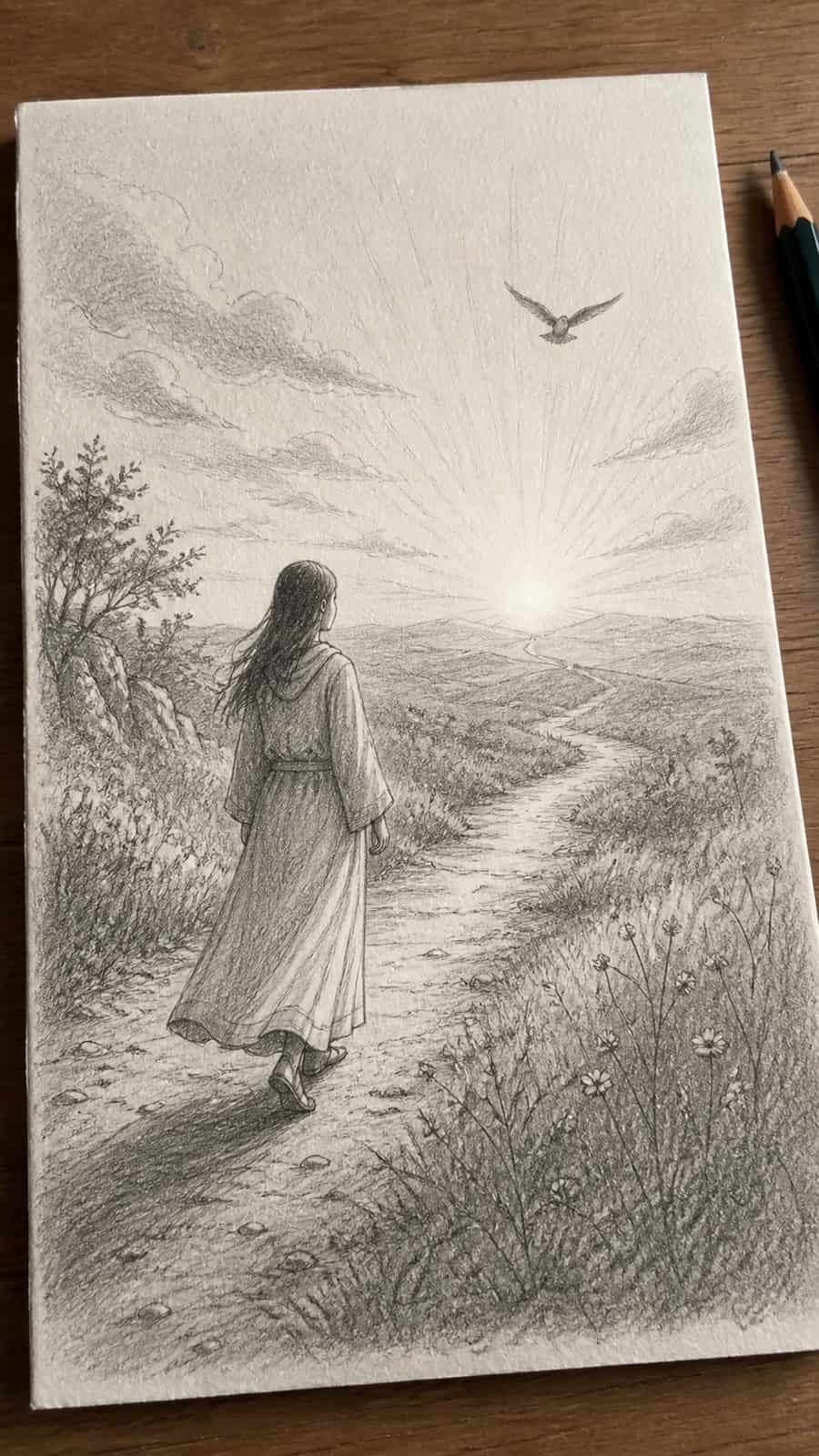 Hand-drawn the divine child in graphite drawing on textured paper, shown in a gentle oblique desk view that shows paper tooth and — study 3