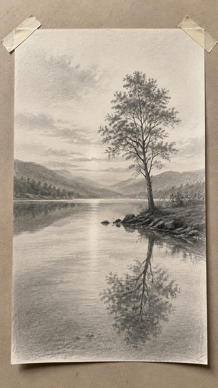 Hand-drawn eternal peace in graphite drawing on textured paper, shown in a slightly off-center overhead composition, like an artist — study 1