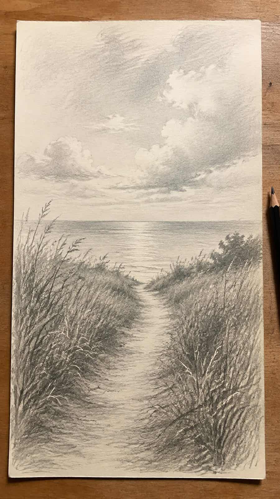 Hand-drawn eternal peace in graphite drawing on textured paper, shown in a straight overhead view — study 2