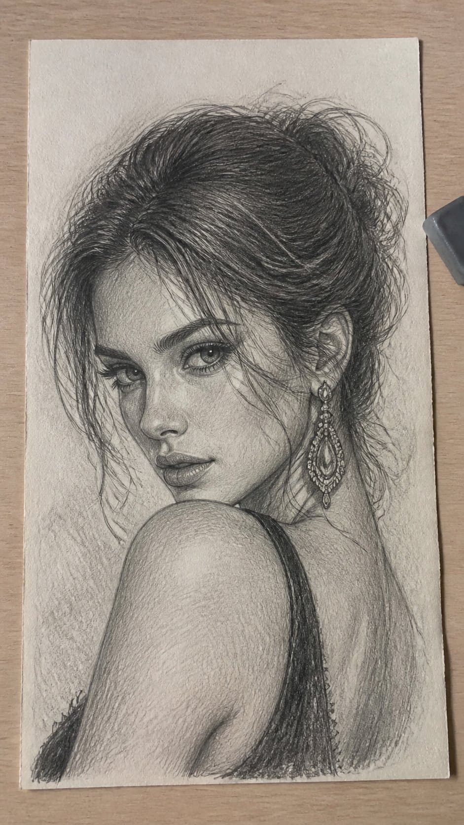 Hand-drawn glamorous gaze in graphite drawing on textured paper, shown in a straight overhead view — study 2