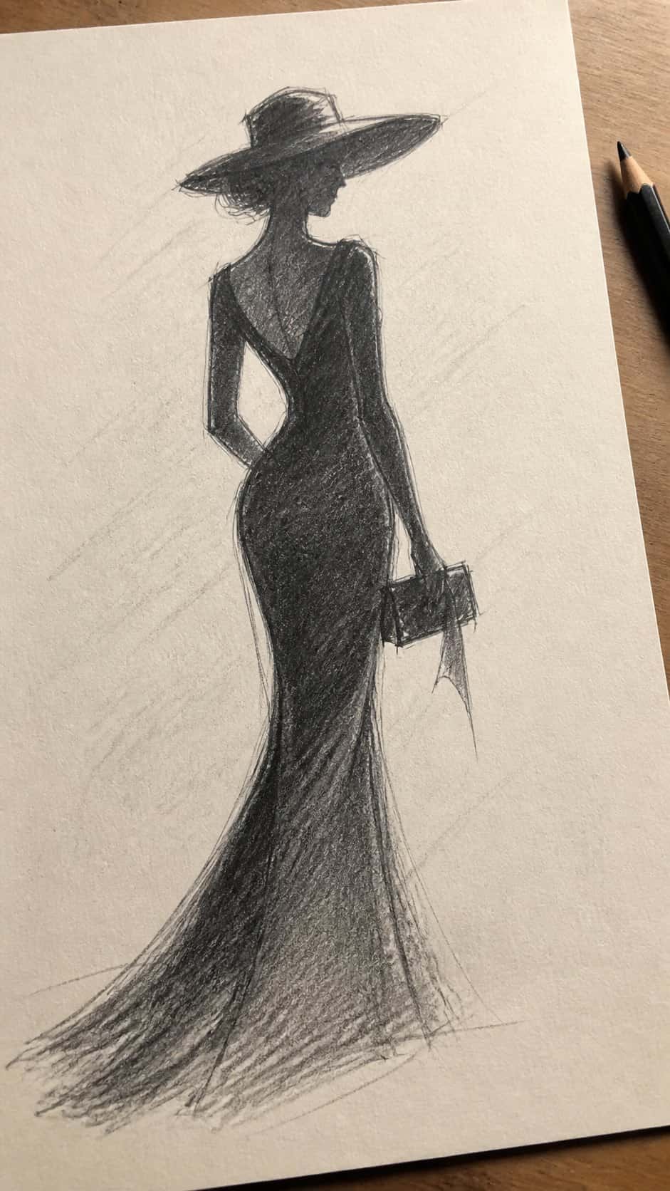 Hand-drawn chic silhouette in graphite drawing on textured paper, shown in a slightly off-center overhead composition, like an artist — study 1