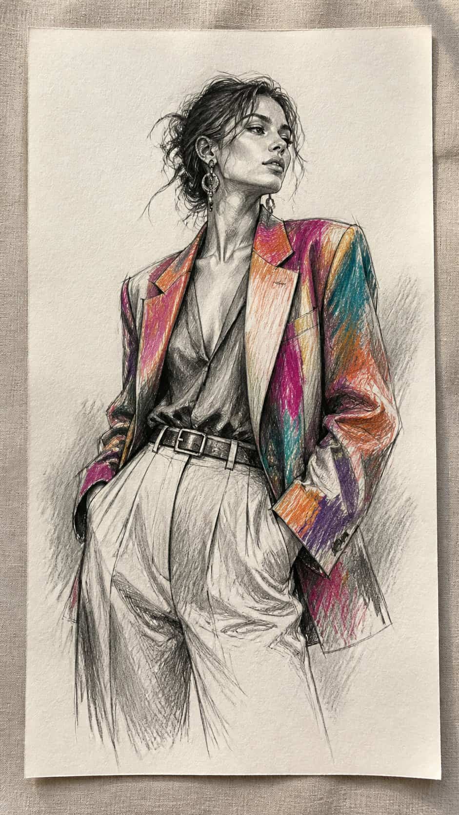 Hand-drawn vibrant vogue in graphite drawing on textured paper, shown in a slightly off-center overhead composition, like an artist — study 1