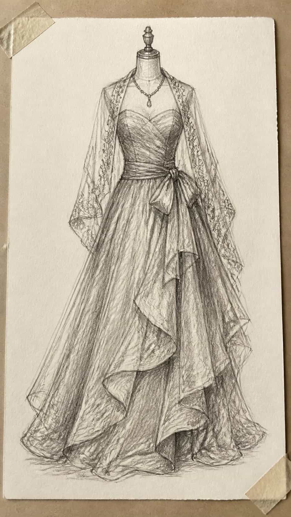 Hand-drawn elegant ensemble in graphite drawing on textured paper, shown in a close overhead crop — study 1