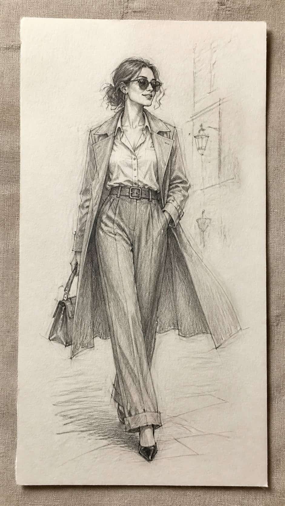 Hand-drawn stylish strut in graphite drawing on textured paper, shown in a straight overhead view — study 1