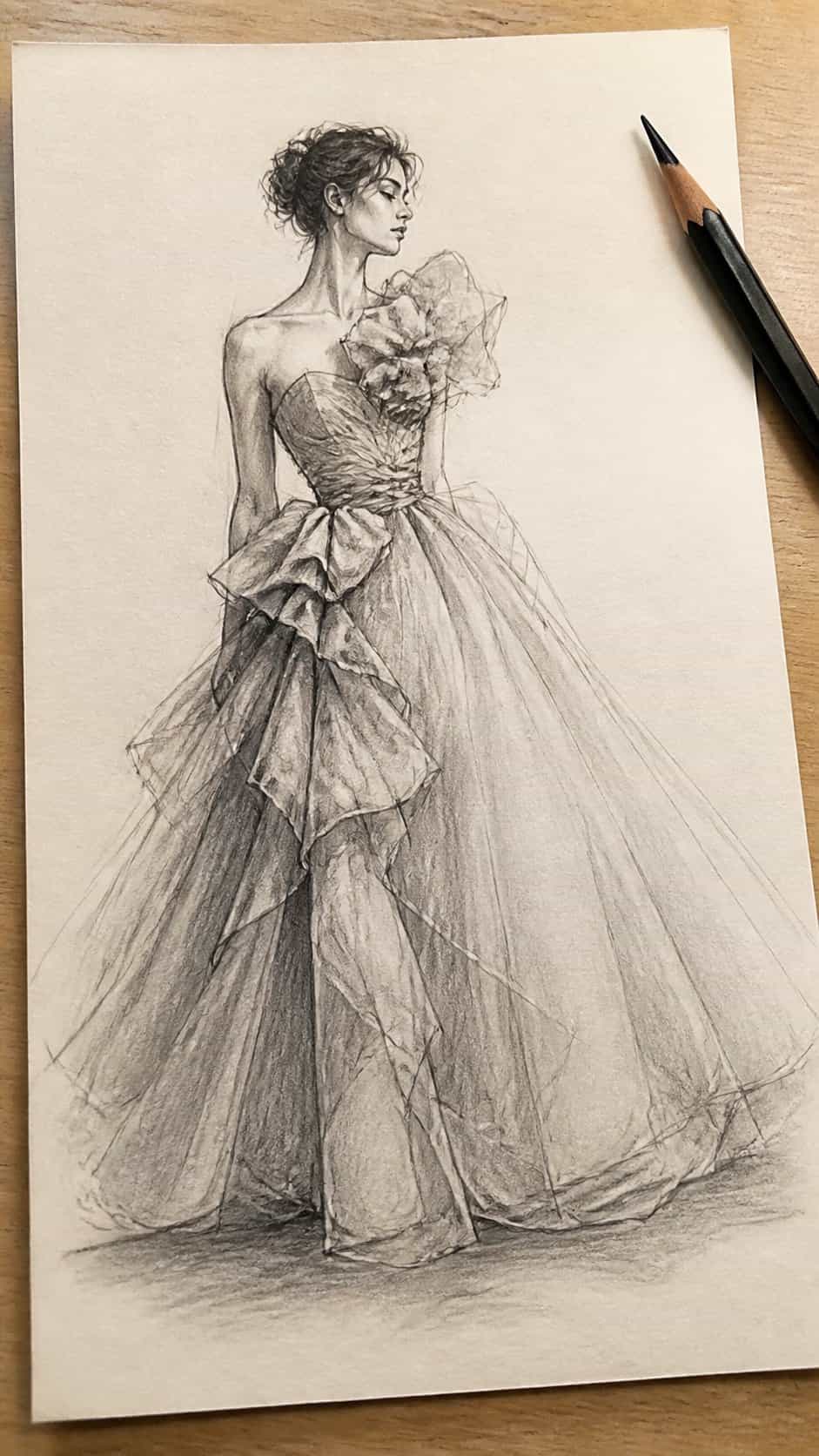 Hand-drawn haute couture in graphite drawing on textured paper, shown in a slightly off-center overhead composition, like an artist — study 1