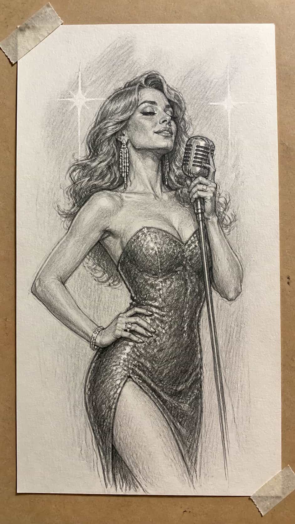 Hand-drawn dazzling diva in graphite drawing on textured paper, shown in a slightly off-center overhead composition, like an artist — study 1