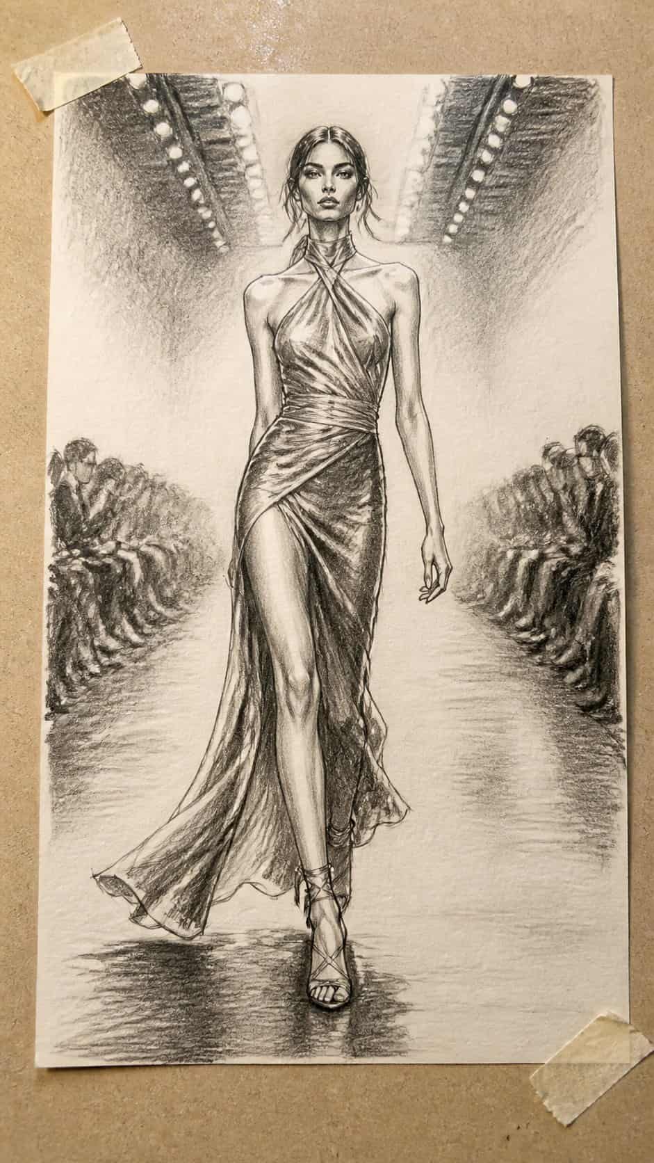 Hand-drawn runway ready in graphite drawing on textured paper, shown in a close overhead crop — study 1