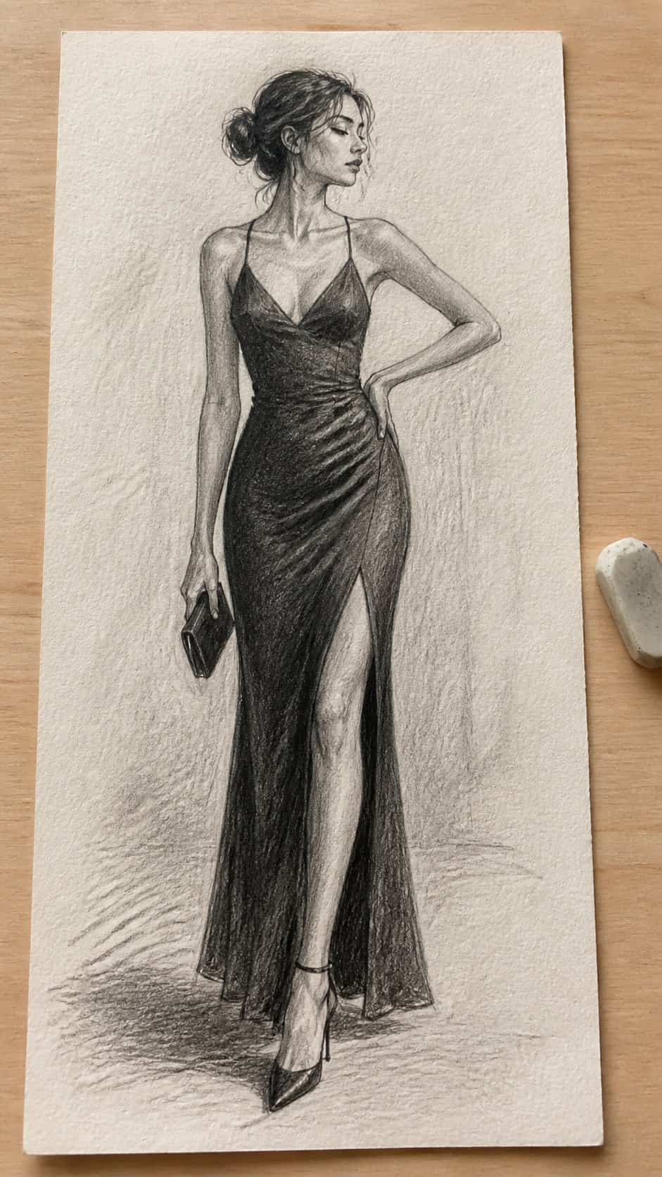 Hand-drawn sleek style in graphite drawing on textured paper, shown in a straight overhead view — study 1