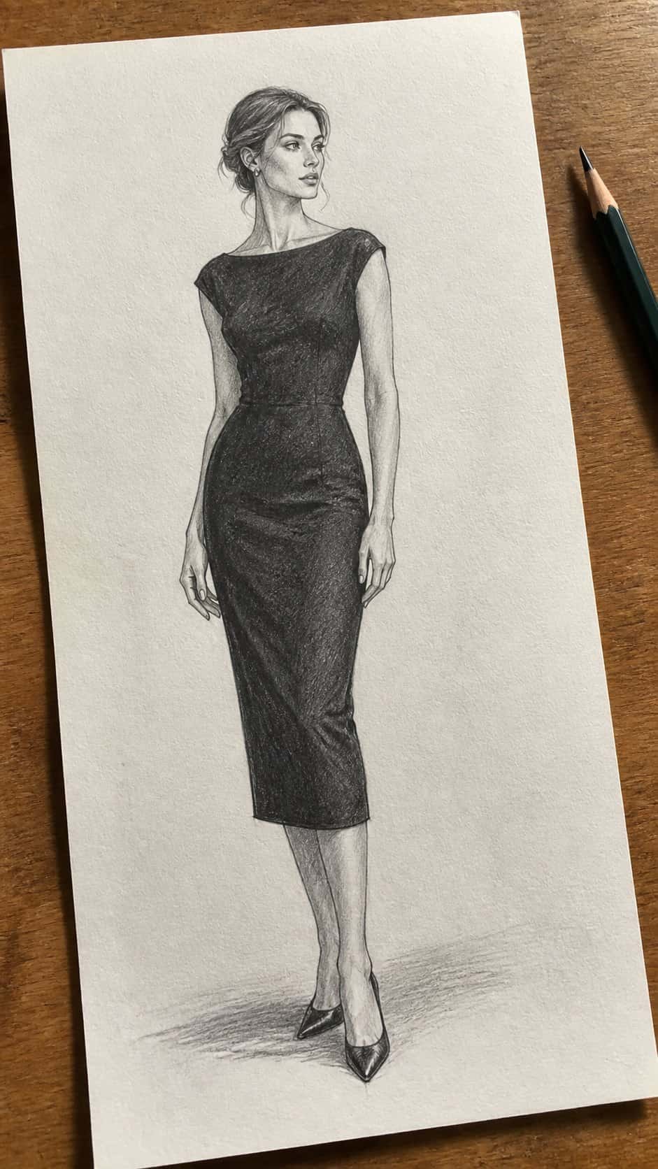 Hand-drawn timeless classic in graphite drawing on textured paper, shown in a slightly off-center overhead composition, like an artist — study 1