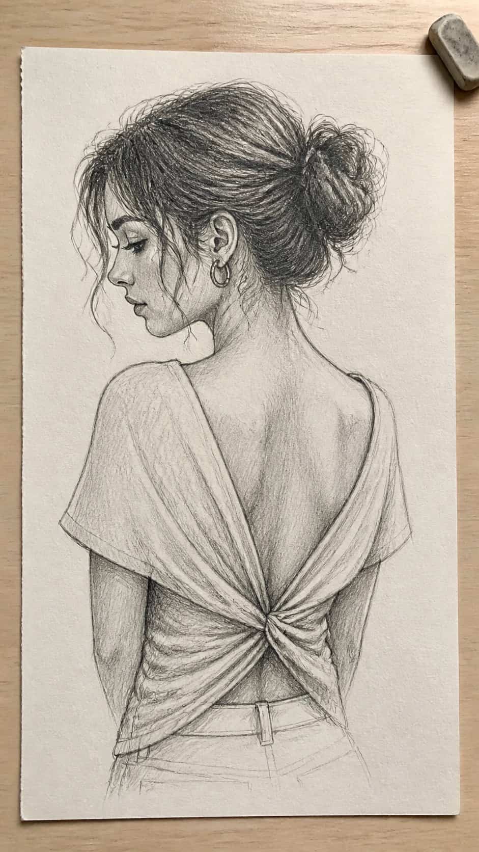 Hand-drawn trendy twist in graphite drawing on textured paper, shown in a close overhead crop — study 1