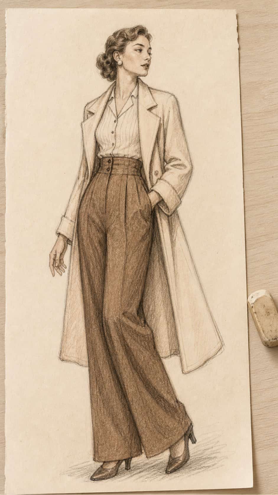 Hand-drawn vintage vibe in sepia ink drawing on textured paper, shown in a slightly off-center overhead composition, like an artist — study 1