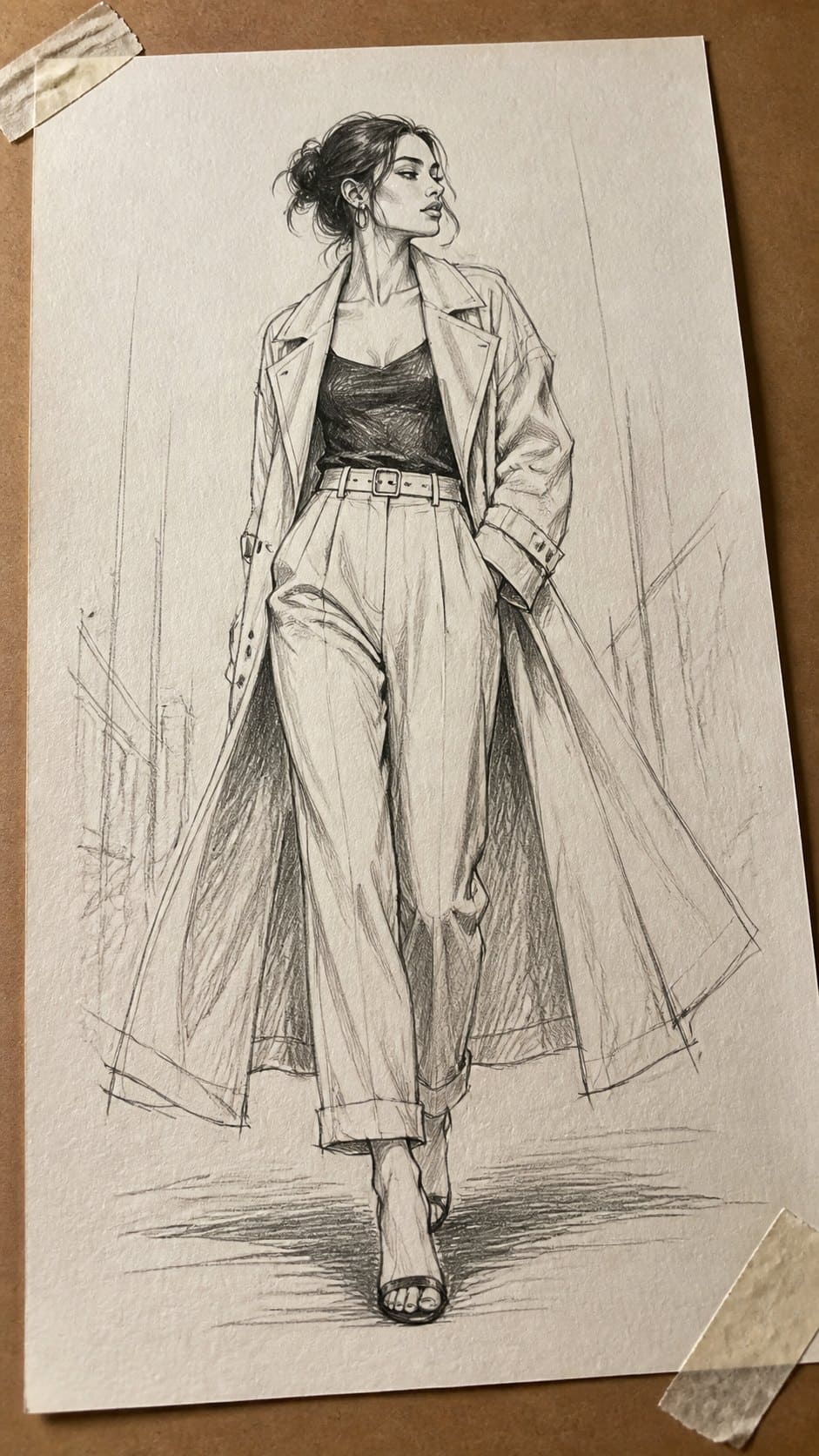 Hand-drawn fashion forward in graphite drawing on textured paper, shown in a gentle oblique desk view that shows paper tooth and — study 1