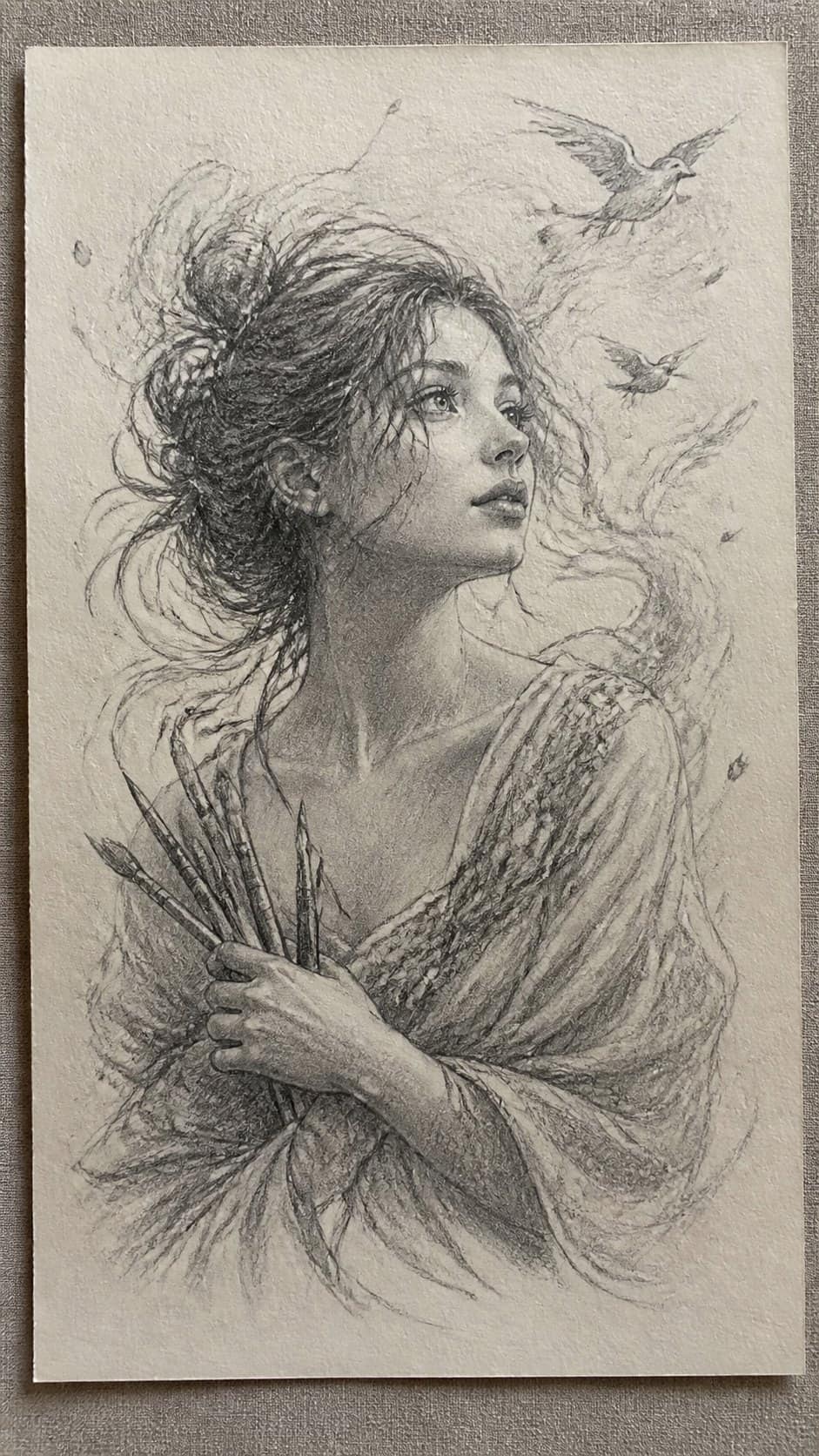 Hand-drawn artistic flair in graphite drawing on textured paper, shown in a close overhead crop — study 1