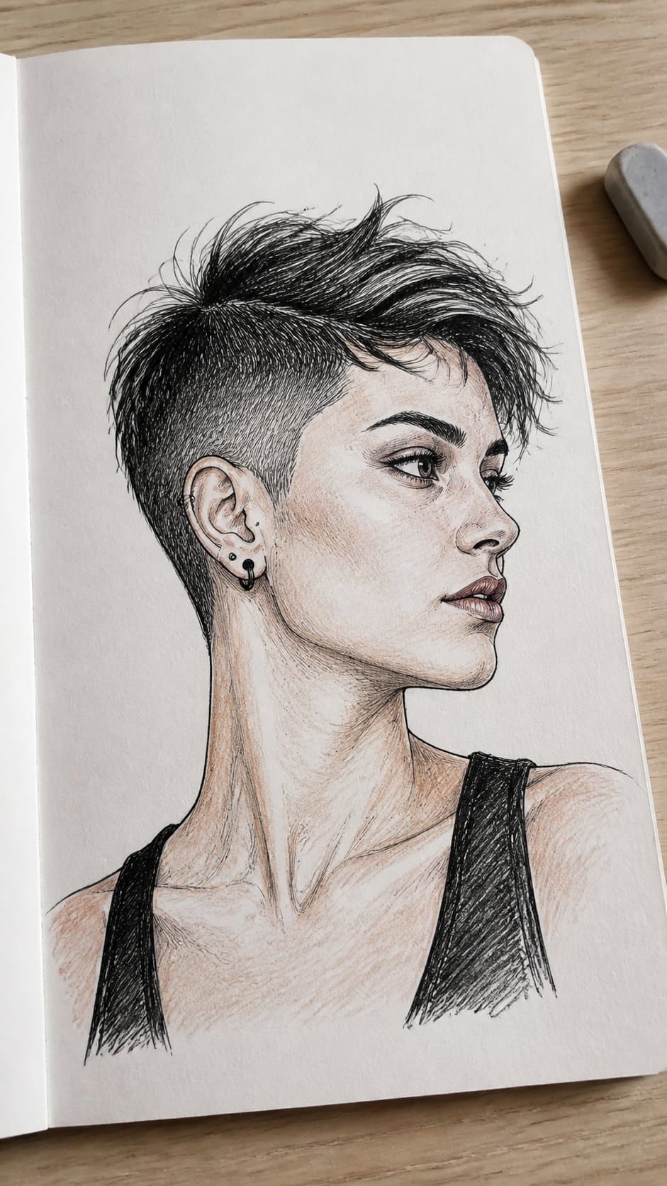 Hand-drawn pixie cut with undercut in ink and colored-pencil drawing on textured paper, shown in a slightly off-center overhead — study 1