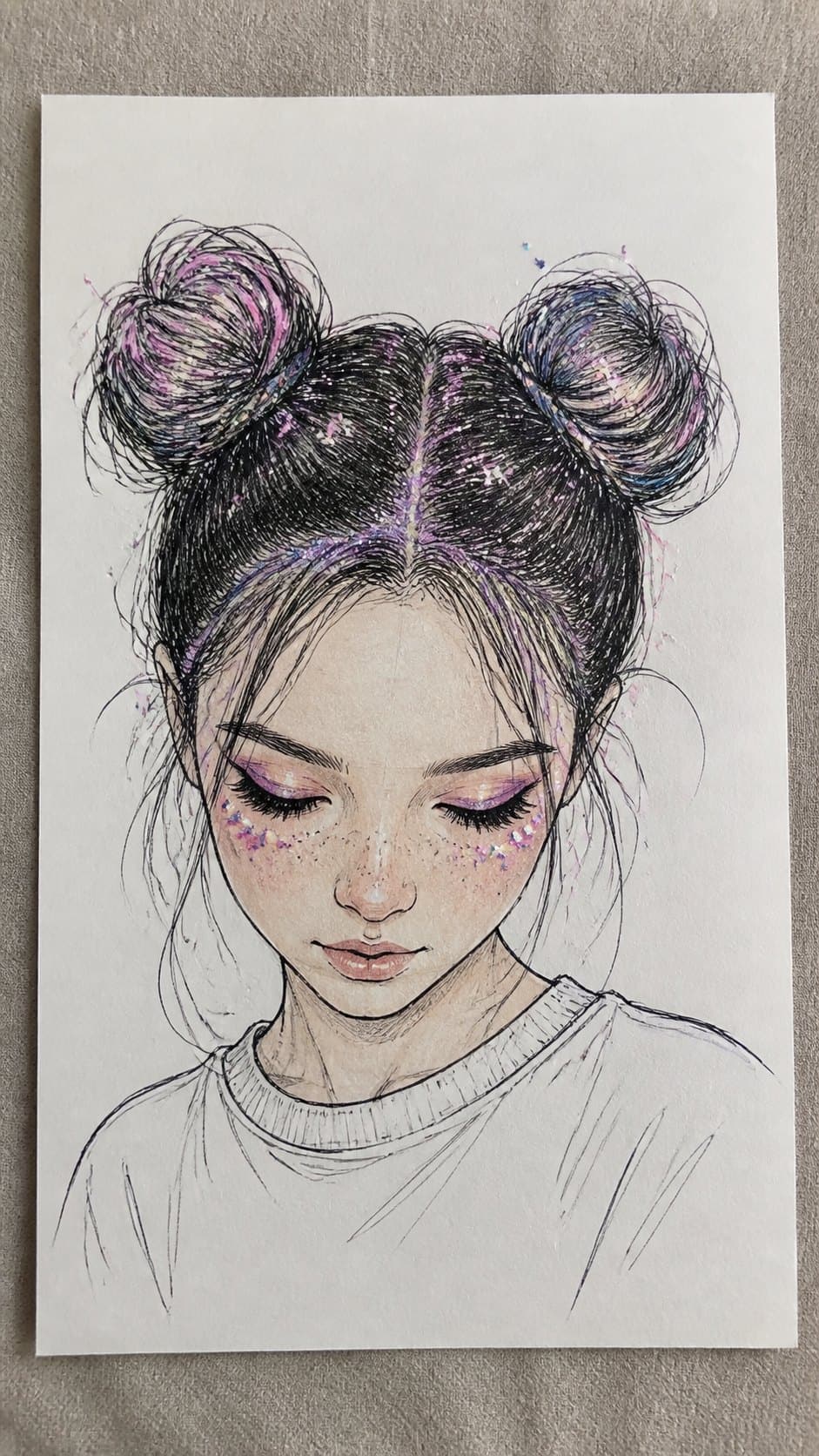 Hand-drawn space buns with glitter in ink and colored-pencil drawing on textured paper, shown in a straight overhead view — study 1