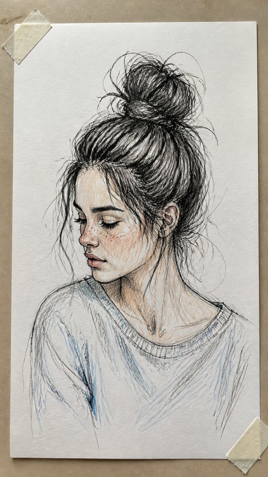 Hand-drawn messy top knot in ink and colored-pencil drawing on textured paper, shown in a slightly off-center overhead composition — study 1