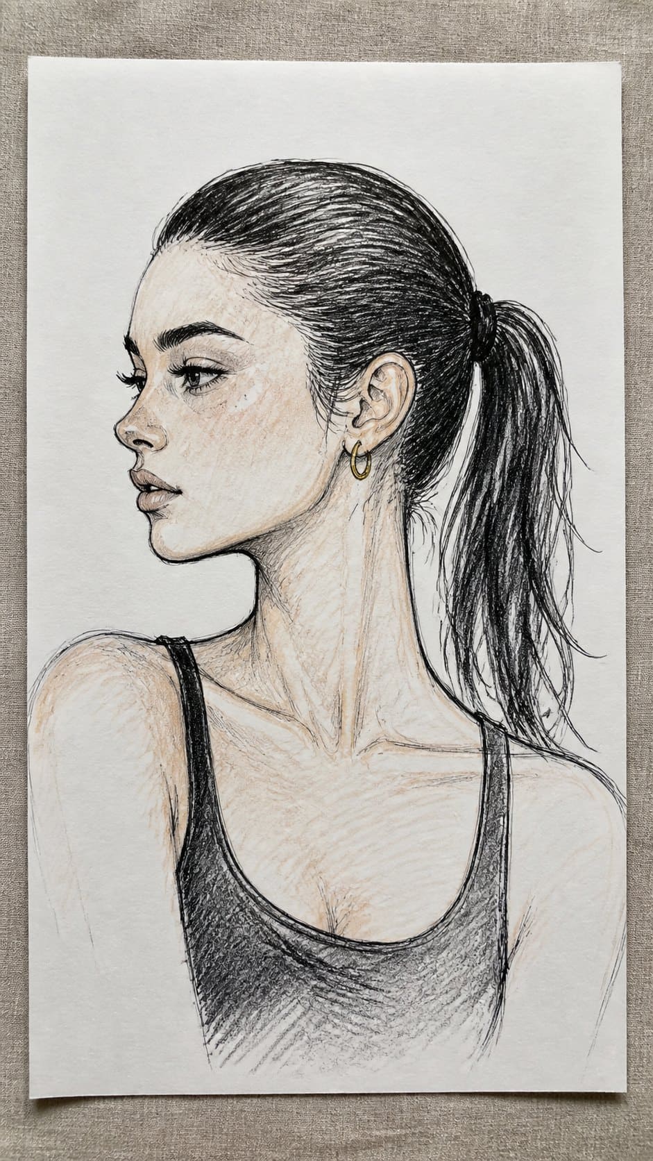Hand-drawn slicked back ponytail in ink and colored-pencil drawing on textured paper, shown in a straight overhead view — study 1