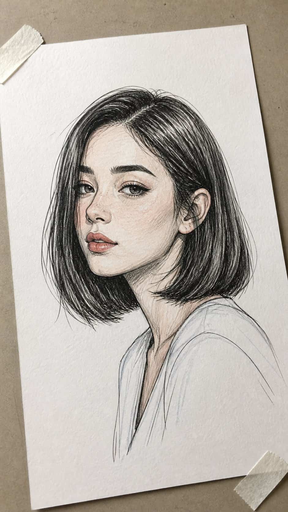 Hand-drawn sleek lob with part in ink and colored-pencil drawing on textured paper, shown in a gentle oblique desk view that shows — study 1