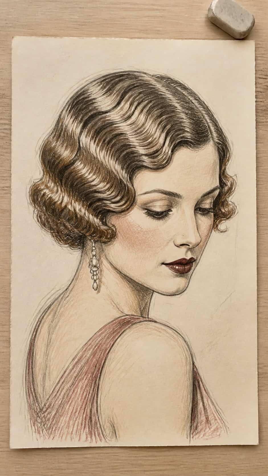 Hand-drawn retro finger waves in sepia ink drawing on textured paper, shown in a straight overhead view — study 1