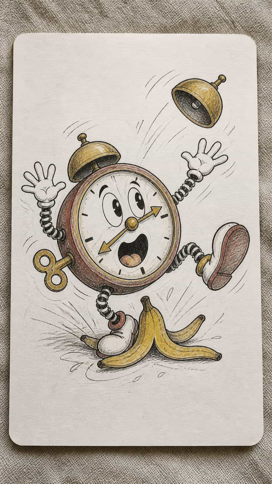 Hand-drawn draw looney toon style in ink and colored-pencil drawing on textured paper, shown in a close overhead crop — study 1