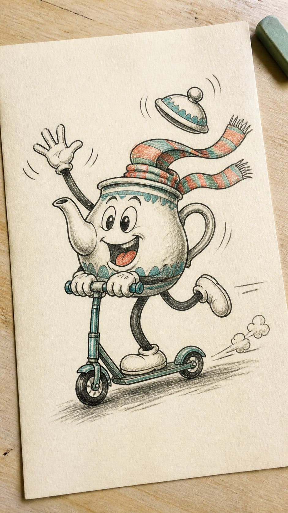 Hand-drawn draw looney toon style in ink and colored-pencil drawing on textured paper, shown in a slightly off-center overhead — study 2