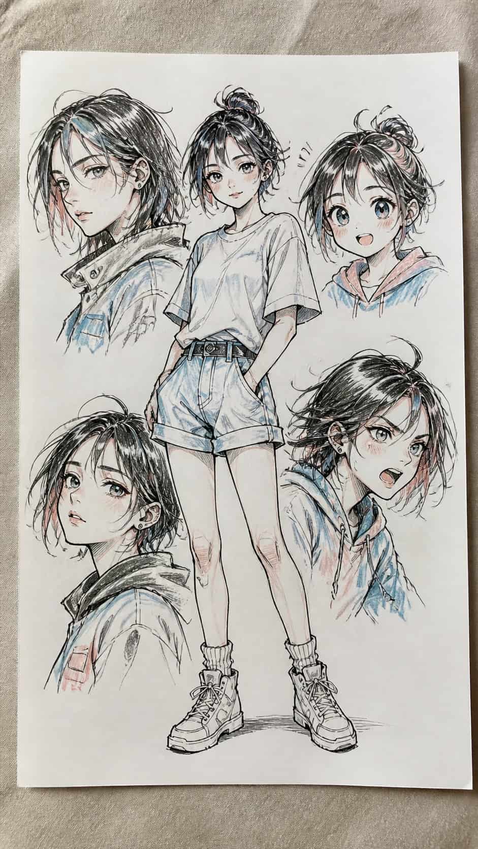 Hand-drawn explore anime styles in ink and colored-pencil drawing on textured paper, shown in a straight overhead view — study 1