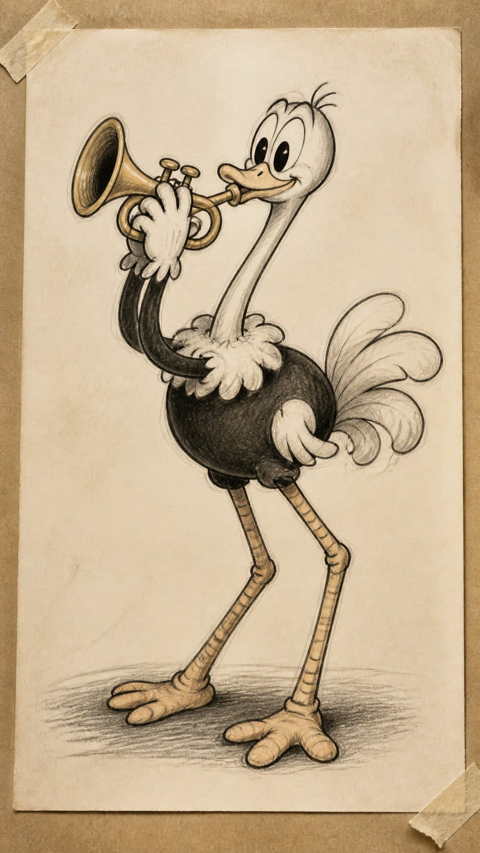 Hand-drawn draw a vintage cartoon in sepia ink drawing on textured paper, shown in a straight overhead view — study 1