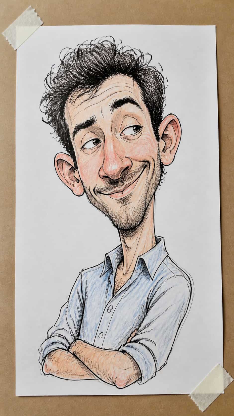Hand-drawn cartoon caricatures in ink and colored-pencil drawing on textured paper, shown in a straight overhead view — study 1