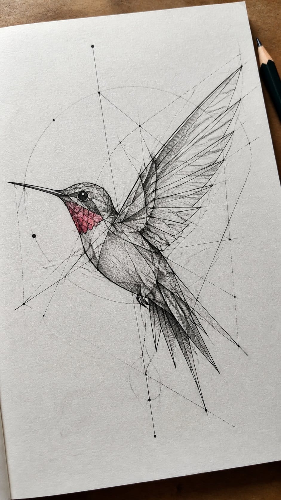 Hand-drawn geometric hummingbird patterns in mixed-media hand drawing on textured paper, shown in a close overhead crop — study 1