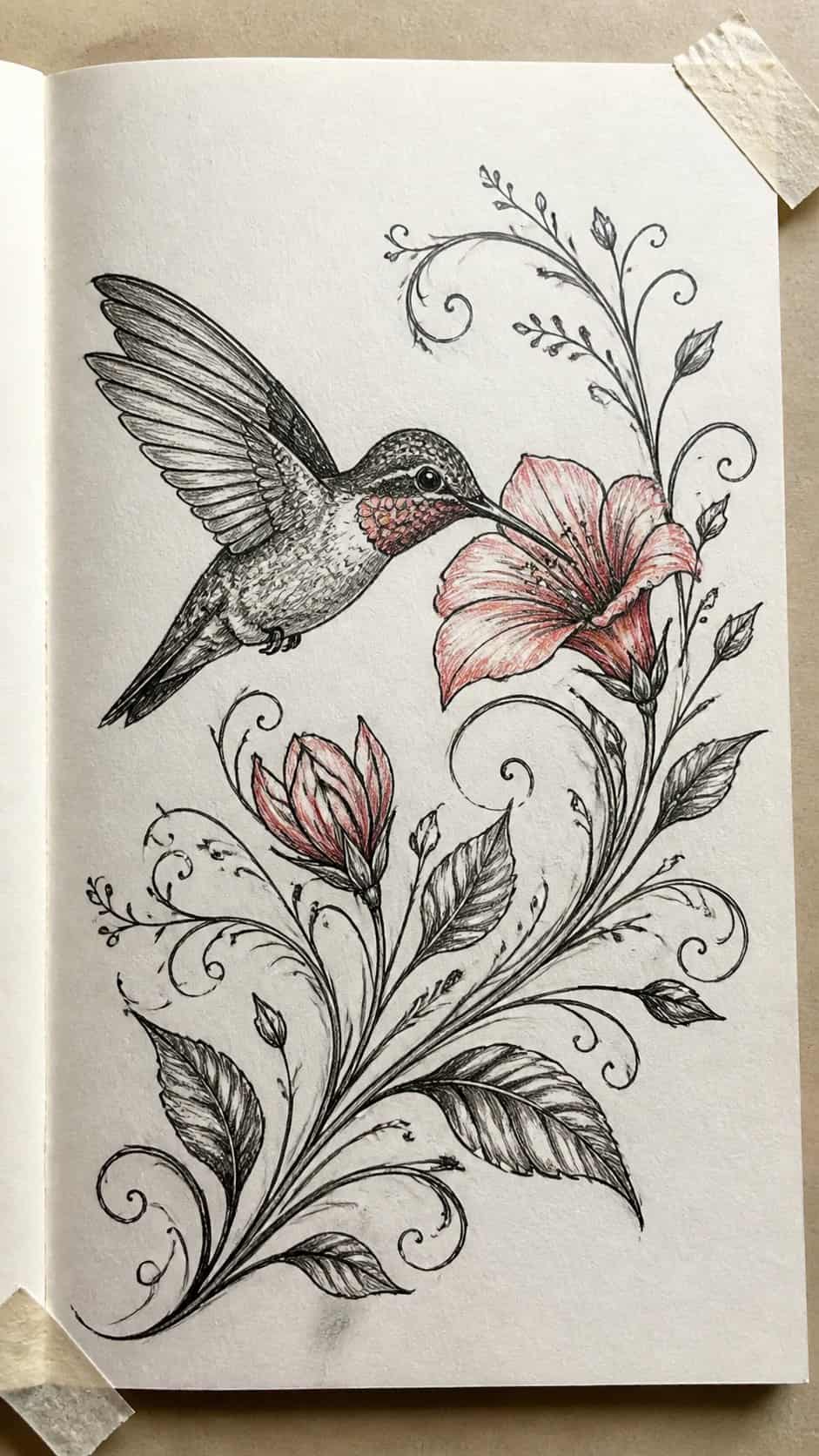Hand-drawn hummingbird and floral motif in mixed-media hand drawing on textured paper, shown in a close overhead crop — study 1