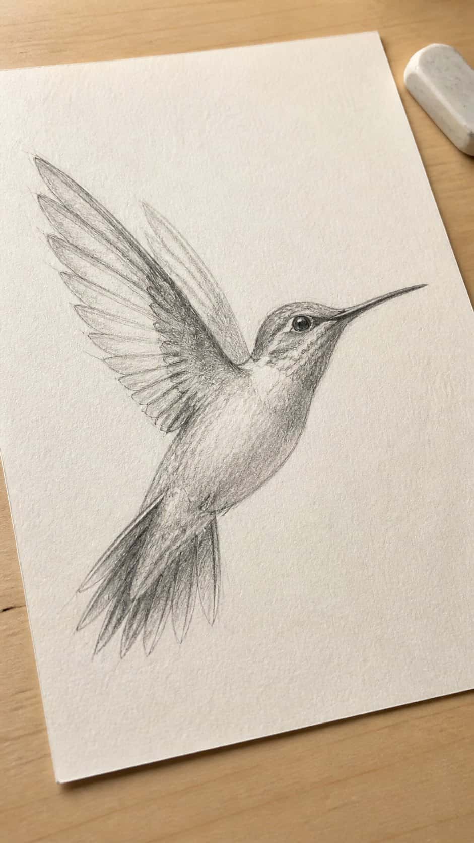 Hand-drawn minimalist hummingbird sketch in graphite drawing on textured paper, shown in a gentle oblique desk view that shows paper — study 1