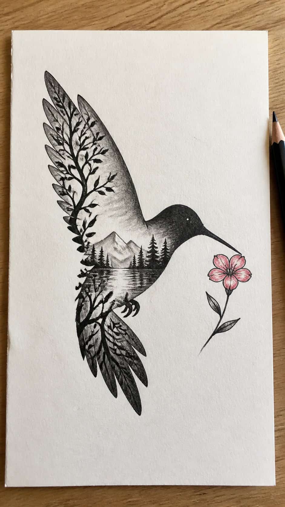 Hand-drawn hummingbird silhouette art in mixed-media hand drawing on textured paper, shown in a straight overhead view — study 1